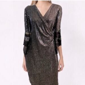 R&M Richards short evening dress metallic black wrap neck with rhinestone accent